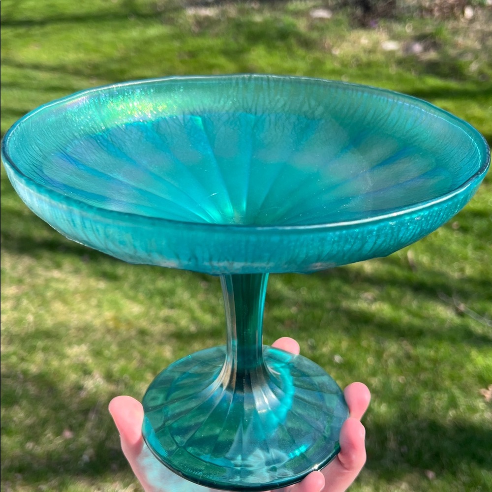 Antique Imperial Iridescent Peacock Blue Teal Stretch Glass Compote Candy Dish